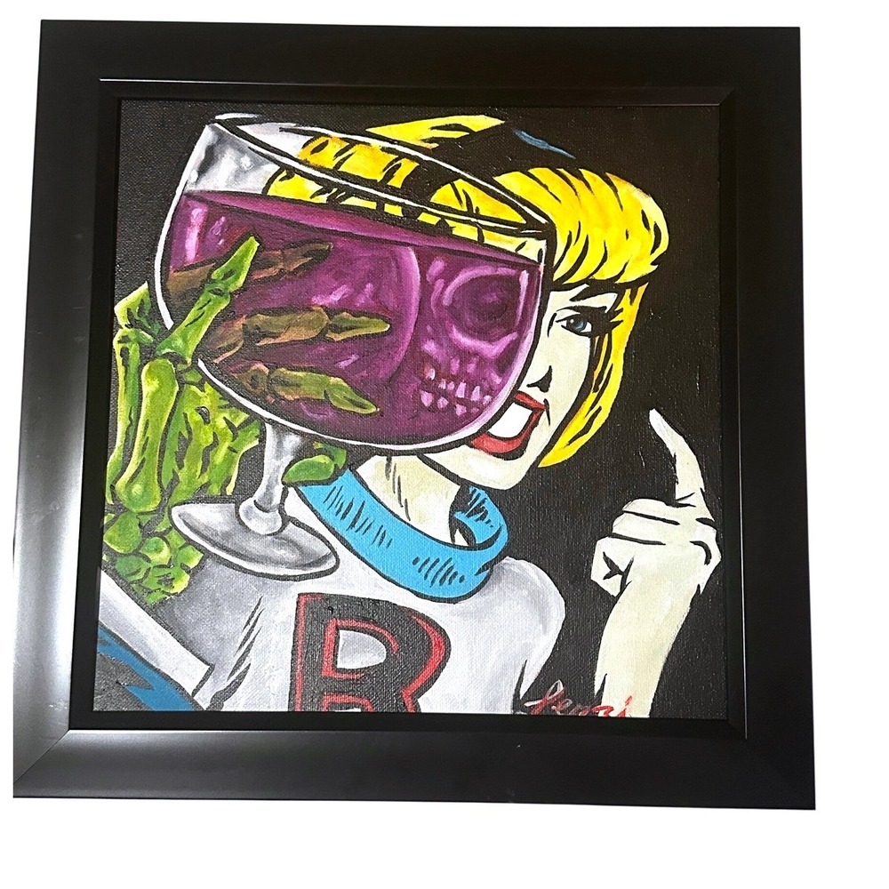 CHAD LENZI Original Pop Art Painting Framed Comic Style Skeleton Skull  14x14